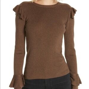 Alice + Olivia $295 Small Bronze Metallic Mittie Ruffle Shoulder Sleeve Sweater